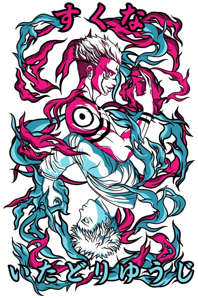 Sukuna, Yuji Itadori, Jujutsu Kaisen, T-Shirt Design, PNG Transparent, Ryomen Sukuna, JJK, Duality Art, King of Curses, Print Ready, Custom Apparel, Fanart PNG, Sukuna Yuji T-Shirt Design PNG